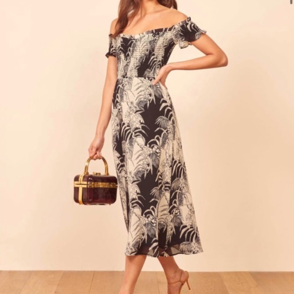 Reformation Black and White Off-Shoulder Midi Dress